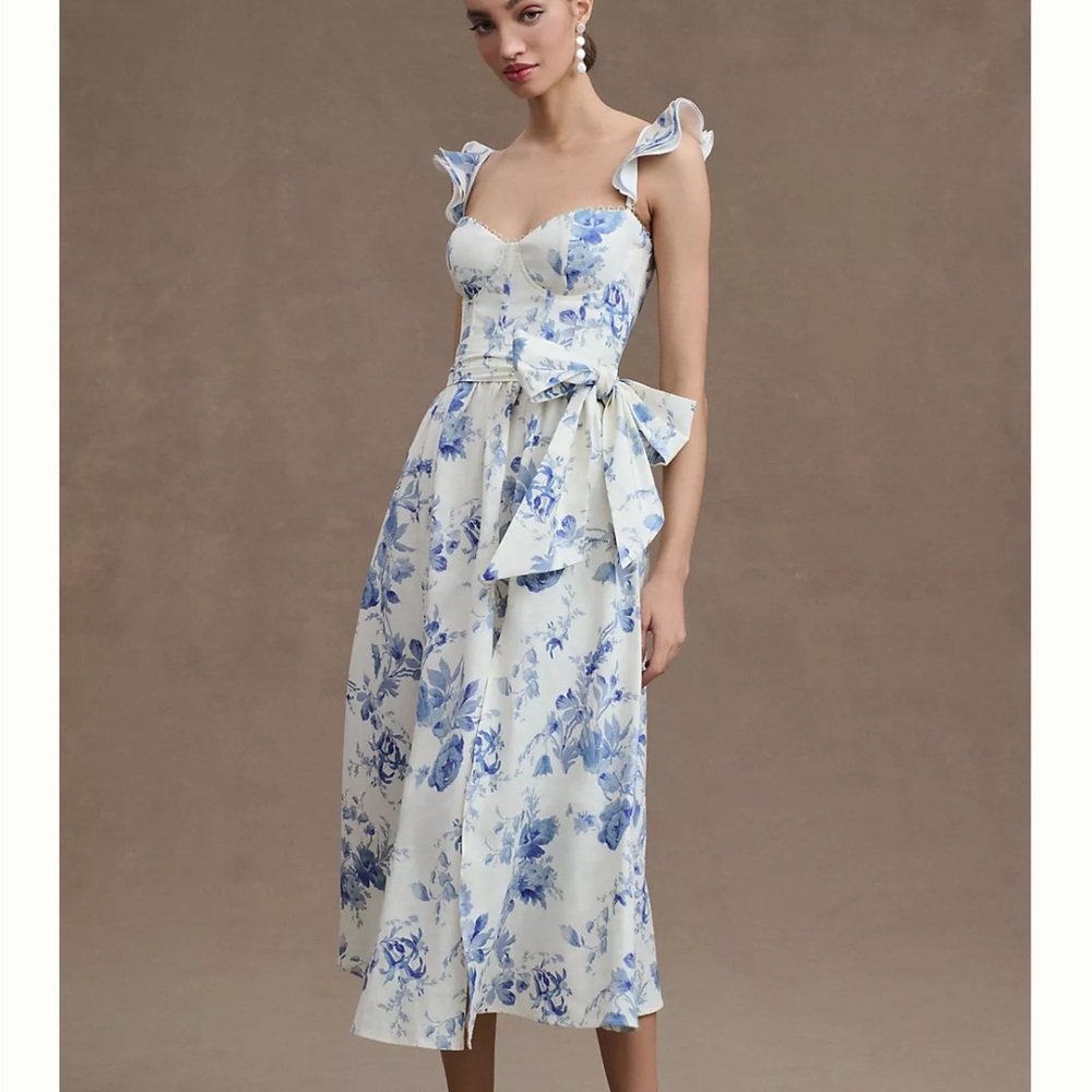 V. Chapman Vera Ruffle-Strap Corset Side-Slit Midi Dress